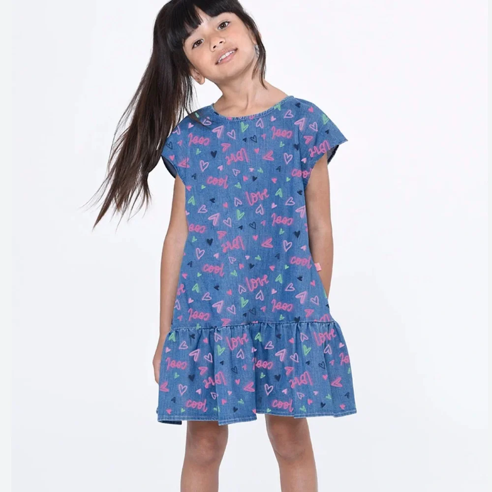 Billieblush Heart Print Dress Size 4 Blue Pink Denim - Picture 2 of 6